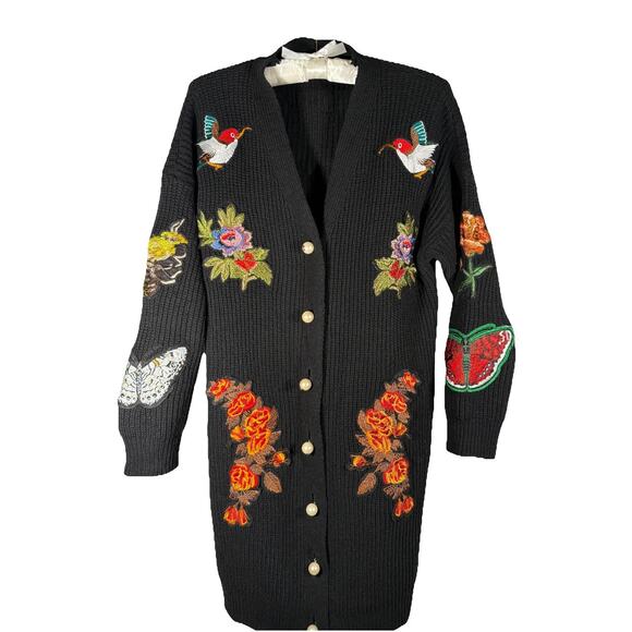 Unbranded Sweaters - Unique Long Black Embroidered Appliqués Cardigan Sweater Sz M Designer Inspired